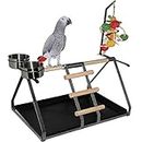 Parrot Bird Perch Table Top Stand Metal Wood 2 Steel Cups Play for Medium and Large Breeds 17.5" x 12.5" x 11"
