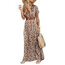 discountstore145 Dresses for Women, Boho Women V Neck Short Sleeve Paisley Print Belt Large Hem Beach Long Dress Brown XL