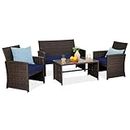 Best Choice Products 4-Piece Outdoor Wicker Patio Conversation Furniture Set for Backyard w/Coffee Table, Seat Cushions - Brown/Navy