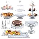 Silver Cake Stand Sets, Metal Dessert Table Display Tiered Cupcake Holder Food Fruit Donut Plate Serving Tower Tray Platter with Tong, Cake Knife and Server Set for Wedding Birthday Party Decor 11PCS
