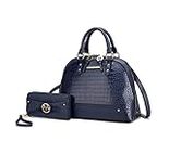 MKF Set Crossbody Satchel Bag for Women & Wristlet Wallet Purse – PU Leather Top Handle Tote – Shoulder Handbag, Nora Croco Navy Blue, Large