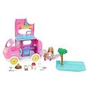 Barbie Chelsea con furgoneta camper Muñeca con coche de juguete autocaravana y accesorios, +3 años (Mattel HNH90)