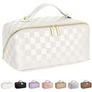 Large Capacity Travel Cosmetic Bag - Portable Makeup Bags for Women Waterproof PU Leather Checkered Makeup Organizer Bag with Dividers and Handle,Toiletry Bag for Cosmetics, White