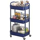 Sywhitta 3-Tier Plastic Rolling Utility Cart with Handle, Multi-Functional Storage Trolley for Office, Living Room, Kitchen, Movable Storage Organizer with Wheels, Blue