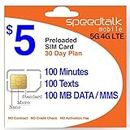 SpeedTalk Mobile $5 Prepaid Wireless Pay Go Plan for Smartphones & Cellphones | 5G 4G LTE | 100 Talk, 100 Text, 100 MB Data |Triple Cut (Mini,Micro,Nano) Sim Card | No Contract | 30-Day Service
