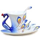 vanki 1 pc Collectable Fine Arts China Porcelain Tea Cup and Saucer Coffee Cup Peacock Theme Romantic Creative Present,Blue