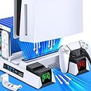 PS5 Stand Cooling Station with Controller Charging Station for Playstation 5 Console, PS5 Accessories with Cooling Fan for PS5 Digital & Disc, Headset Holder, 11 Slot-White (Not Fit 2023 PS5 Slim)