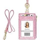 ID Badge Holder with Lanyard, Vertical Bling Shiny ID Badge Card Holder with 1 Clear ID Window, 4 Credit Card Slots, 1 Cash Coin Slot and a Detachable Neck Lanyard (Bling Pink)