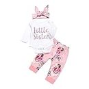 ChYoung Baby Girl Clothes Set Newborn Outfit Little Sister Romper Top and Rose Printed Pant and Headband 3 Pieces (Pink, 0-3 Months)