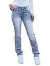 Flamingals Women's Straight Leg Jeans Bootcut Jeans Double Button Solid Mid Waist Skinny Jeans, Solid-light Blue, Large