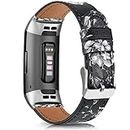 Tobfit Leather Band for Fitbit Charge 4 Bands for Women Men Top Grain Leather Replacement Watch Band for Fitbit Charge 4/3/SE (Grey Floral/Black)