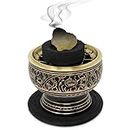 New Age Imports, Inc. India Small Decorated Brass Charcoal Screen Incense Burner with Wooden Coaster