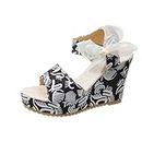 zapatos s mujer elegantes cómodos 2024 2024 Women's Printed Wedge Sandals, Fashion Platform Cross Ankle Strap Bow Open Toe Summer High Heel Casual Sandals for Women Black 5