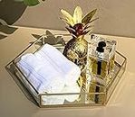 Spaziomaker Collections Vintage Glass Perfume Tray, Jewelry Tray, Hexagonal Mirror Base Vanity Tray, Home Table Decoration, Makeup Organizer, Vanity Tray - (Material- Brass, Colour- Gold, Size- 8x9x1.5) (Pack of 1)