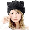 Umbworld Women Girls Boys Teens Cute CAT Kitty Ears Knitted Crochet Cable Rib Hat Cap Beanie (Black)