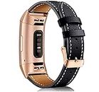 Leather Band Compatible for Fitbit Charge 3 and Charge 4, Metal Rose Gold Connectors and Black Leather