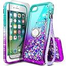NGB Compatible for iPhone 6 6S 7 8 Case, iPhone SE 3 2022/iPhone SE 2 2020 Case with Tempered Glass Screen Protector, Ring Holder, Girls Women Kids Liquid Glitter TPU Cute Case (Aqua/Purple)