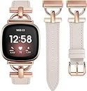 Wearlizer Compatible with Fitbit Sense Bands/Sense 2 Bands/Versa 3 Bands/Versa 4 Bands Women, Dressy Genuine Leather with D-Shape Metal Buckle Wristband Strap Bracelet for Fitbit Versa 3 Bands for Women, Starlight/Rose Gold