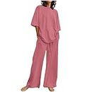 2 Piece Outfits for Women Loungewear Casual Short Sleeve Linen Tops Wide Leg Pants Comfy Solid Color Travel Outfits 2023 Summer Fall Neon Outfit Women View My Orders