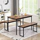 Kitchen Dining Table and 2 Bench Set, Garden Bench Home Furniture Set Dining Room Furniture, Solid Table & Sturdy Metal Frame Industrial, Rustic Brown