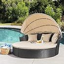 Homall Patio Outdoor Daybed with Retractable Canopy, Rattan Wicker Sectional Seating with Washable Cushions for Patio Backyard Porch Round Daybed Separated Seating (Beige)