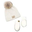 Funky Junque Infant Pom Beanie Matching Fleece Lined Soft Mittens Set for Baby Newborn Boy Girl, White Diagonal Basketweave Faux Fur Pom (0-9 Mo), One Size