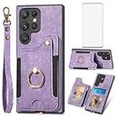 Phone Case for Samsung Galaxy S22 Ultra 5G Wallet Cover with Screen Protector and Wrist Strap Lanyard RFID Credit Card Holder Ring Stand Cell Accessories S22ultra 22S S 22 S22ultra5g 6.8 Women Purple
