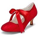 JIA JIA 140311 Bridal Lace Satin Low Heel Closed Toe Prom Party Dance Wedding Shoes Wommen Pumps Color Red,Size 7 UK / 41 EU