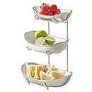Ceramic Oval Tiered Serving bowls Tray Set，White 3 Tier Ceramic Fruit Bowl with Bamboo Wood Stand for Sushi, Dessert, Fruit, Vegetables, Appetizer, Cake (Silver-Rack-Silver-Bowl, 3-Tier)