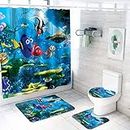 GEHIYPA Fin-ding Ne-mo Four-Piece Bathroom Shower Curtain Non-Slip Bath mat, Including Square Non-Slip Floor mat, U-Shaped mat, Toilet lid Cover mat, and a Shower Curtain(4-Piece Set)