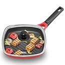 Hawkins 26 cm Grill Pan, Non Stick Die Cast Grilling Pan with Glass Lid, Square Grill Pan for Gas Stove, Ceramic Coated Pan, Roast Pan, Red (IGP26G)