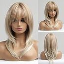 HAIRUCBE Long Curly Blonde Wigs for Women Shoulder Length Heat Resistant Synthetic Wigs with Bangs