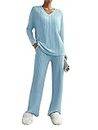 SotRong Ribbed Lounge Sets for Women Uk Ladies Leisure Wear Sets 2 Piece Tracksuit Joggers Activewear Set Long Sleeve Tops Loose Flare Trousers with Pocket Blue M