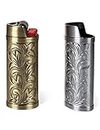 2 Pack Vintage Metal Lighter Case Cover Front Arabesque Engraving Reusable Lighter Sleeve for Bic J6 Regular Lighters (Style2-Bronze&Silver, 2)