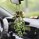 Minasona Cute Potted Plants Crochet Car Mirror Hanging Accessories for Women Men Handmade Knitted Rear View Interior Aesthetic (White Flowers) , (02)