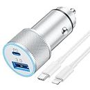 Car Charger Compatible with iPhone 14/13/12/11/Pro Max/XS/XR/X/SE/8/7/6/6S Plus/5S, iPad, AirPods, Watch, 38W PD/QC Dual Port Fast USB C Car Charger Adapter with 3FT iPhone Charger Cord