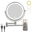 JANEEVA 8" Wall Mounted Lighted Makeup Mirror, Rechargeable Double Sided 1X/10X Magnifying Mirror with 3 Color Lights, TouchDim Bathroom Vanity Mirror with 360°Swivel Extendable Arm, Brushed Nickel
