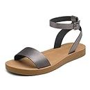 DREAM PAIRS Women?s Pewter Pu One Band Ankle Strap Buckle Flat Sandals 10 M US Elena-5