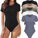 MLYENX 5 Pack Body Suits for Womens Short Sleeve Round Neck Casual Stretchy Basic T Shirt Bodysuit Shirts, 5pack：black,white,olive Green,nude,dark Blue, Medium