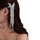 1 PC SILVER LONG TASSEL crystal stone studded BUTTERFLY shape Hair Pins Clips Women Hair Accessories for girls women (SILVER)