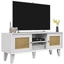 HOMCOM TV Stand for 50 Inch TVs, Boho TV Cabinet with Rattan Doors, Adjustable Shelves and Storage Cabinets, Entertainment Unit for Living Room, White