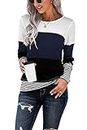 KINGFEN Womens Designer Clothes Boutique Tops for Women Long Sleeve Comfy Casual Shirts Crewneck Fall Striped Loose Tee Shirts Womans Clothing Long Plus Size Tops for Women Navy XX-Large