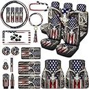 26 Pcs American Flag Wood Deer Car Accessories USA Camo Seat Covers Set Steering Wheel Cover Foot Mat License Plate Frame Mirror Cover Keyring Armrest Pad Seat Belt Pad Independence Day Decoration