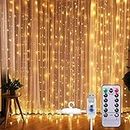 One94Store Fairy Curtain String Lights Warm White 300 LED with 8 Modes Remote Control, Adjustable Brightness and USB Plug for Indoor Outdoor Decoration (Warm White Color, 3 X 3 Meter) Plastic