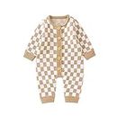 Gueuusu Infant Baby Girl Boy Knitted Sweater Romper Jumpsuit Checkerboard Plaid Print Long Sleeve Button Down Bodysuit Clothes (Camel, 3-6 Months)