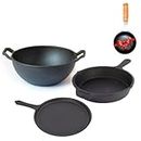 The Indus Valley Pre-Seasoned Cast Iron Cookware Set + Free Tadka Pan|Tawa(25.7Cm)+Kadai(25.4/3.2Lcm)+Fry Pan(25Cm/1.6L)|Kitchen Cooking Combo Pots And Pans Set Of 3Pc|Naturally Nonstick,Black
