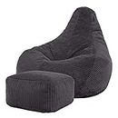 icon Dalton Cord Recliner Bean Bag Chair and Footstool, Charcoal Grey, Large Lounge Chair Gaming Bean Bags for Adult with Filling Included, Jumbo Cord Adults Beanbag, Boho Decor Living Room Furniture
