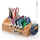 Bamboo Charging Station for Multiple Devices with 5 Port USB Charger, 6 Charger Cables and Watch Stand. Wood Dock Stations Desktop Organizer for Cell Phone, Tablet, Watch, Office Accessories