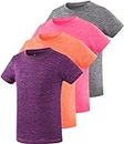 Ullnoy 4 Pack Girls Athletic Shirts Short Sleeve Dry Fit Sports T-Shirts for Kids Teens Lightweight Basic Tee Activewear Pack Gray/Rose/Orange/Dark Purple XL