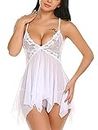 Bunanphy Women Babydoll Sexy Lingerie Lace Open Front Sleepwear Nightwear Set Dress White #C 24-26
